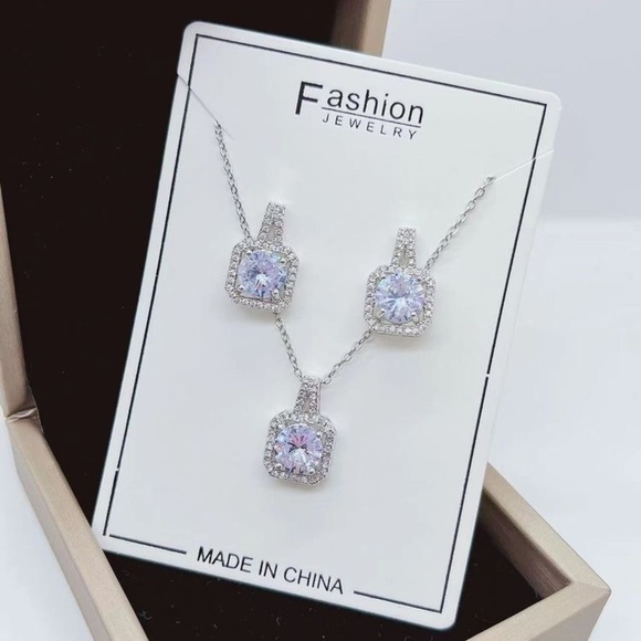 Elegant, Square Titanium Steel Earring and Necklace Bundle - Picture 1 of 7